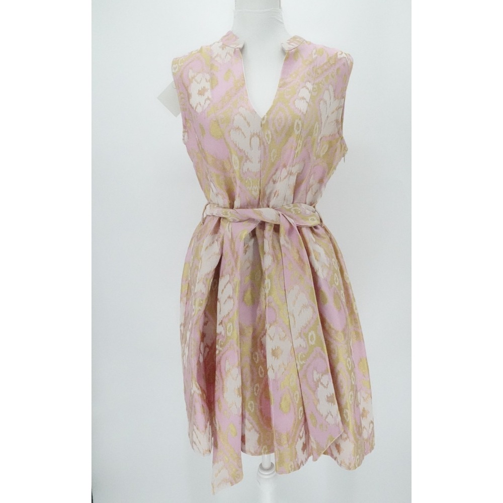 Kasia Dress Womens Small Pink Gold Jacquard Sleeveless‎ Belted Floral Feminine